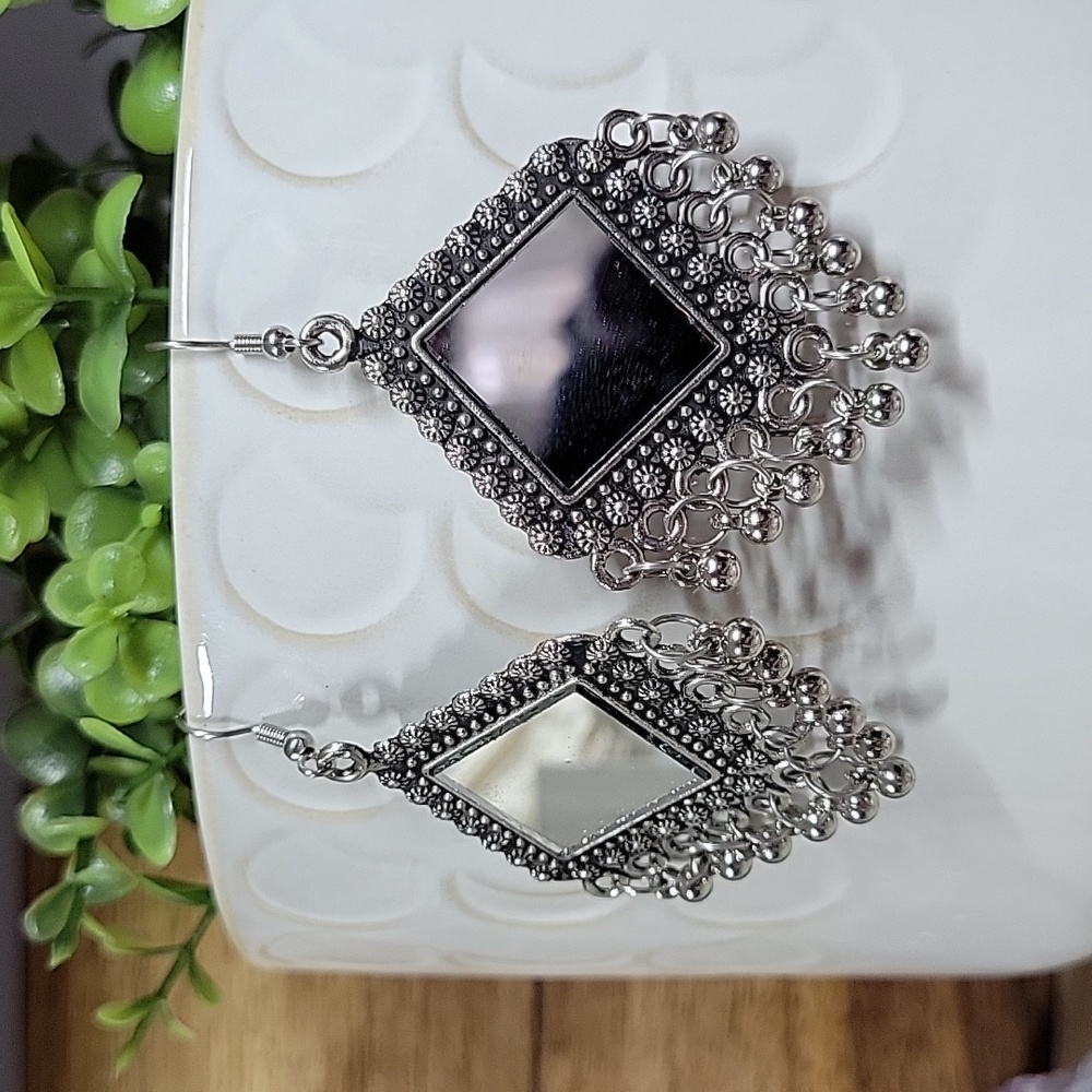 Mirrored Silver Drop Earrings, Geometric Bold with Jhumka - Picture 3 of 5